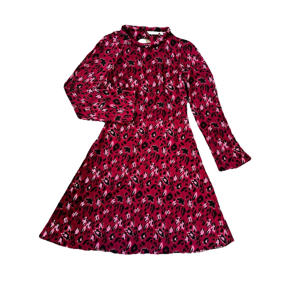 &‎ Other Stories Midi Dress Burg Leopard Print Black Pink Size 8  Sleeve Keyhole